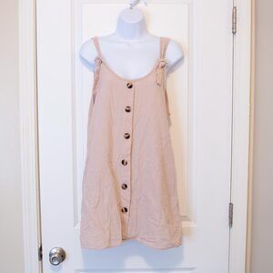 M Cottagecore Lagenlook Tan Button Cotton Summer Tank Ribbon Knot Mini Dress